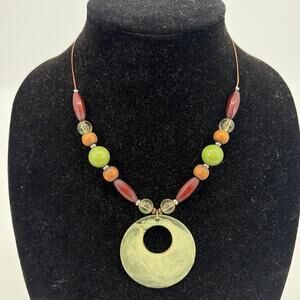 Y2K Green Beaded Necklace Statement Pendant Retro Artsy Brown Mod Inspired Funky